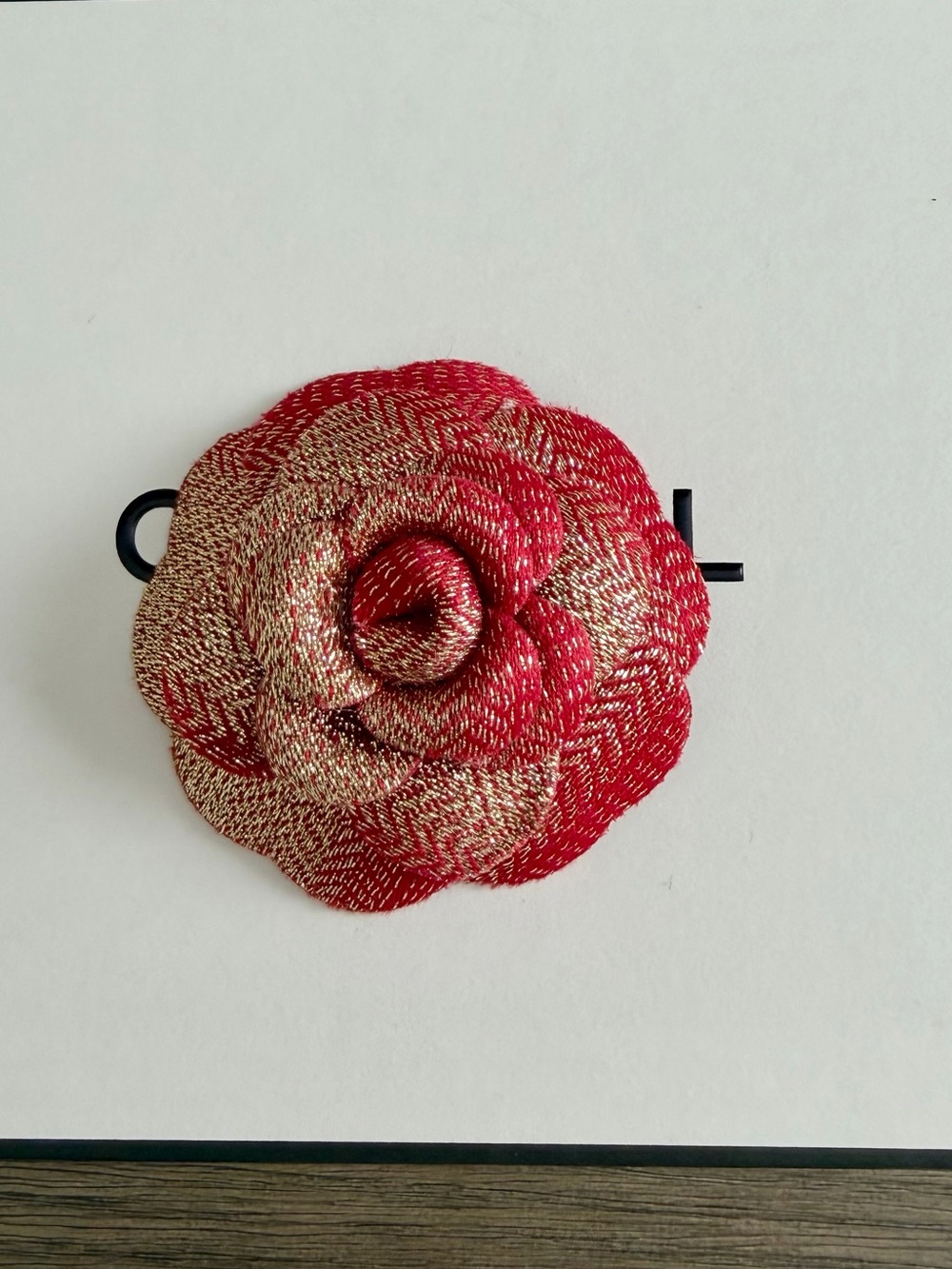 CHANEL Red and Gold Camellia Fabric Flower